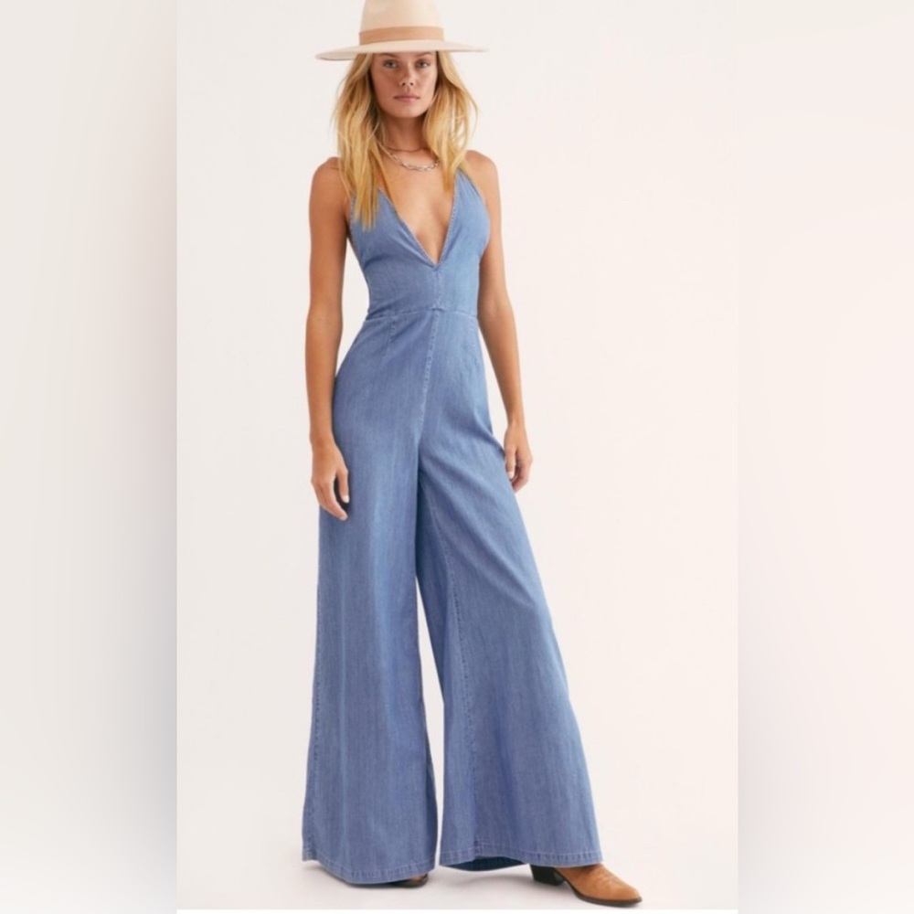 Free People Josie Wide Leg Halter Jumpsuit in chambray denim, sz M